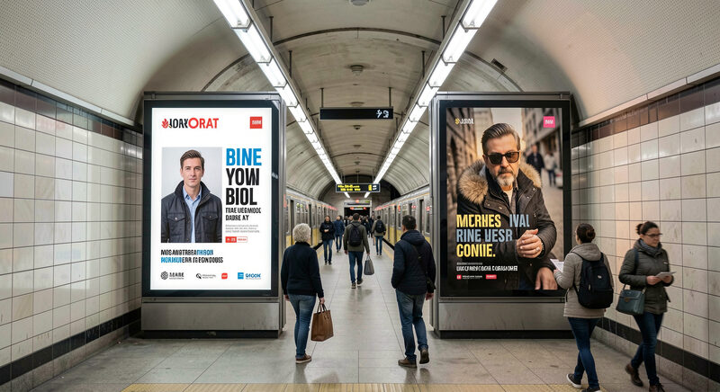 Two advertising frames facing each other across a subway corridor, one poster showing children, commuters walking between them.