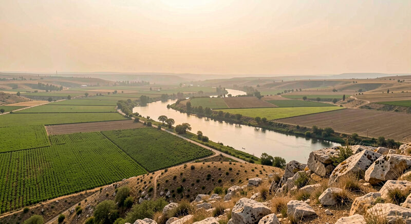 The green Jordan River valley seen from a low hill, fields on both banks, a hazy warm sky.