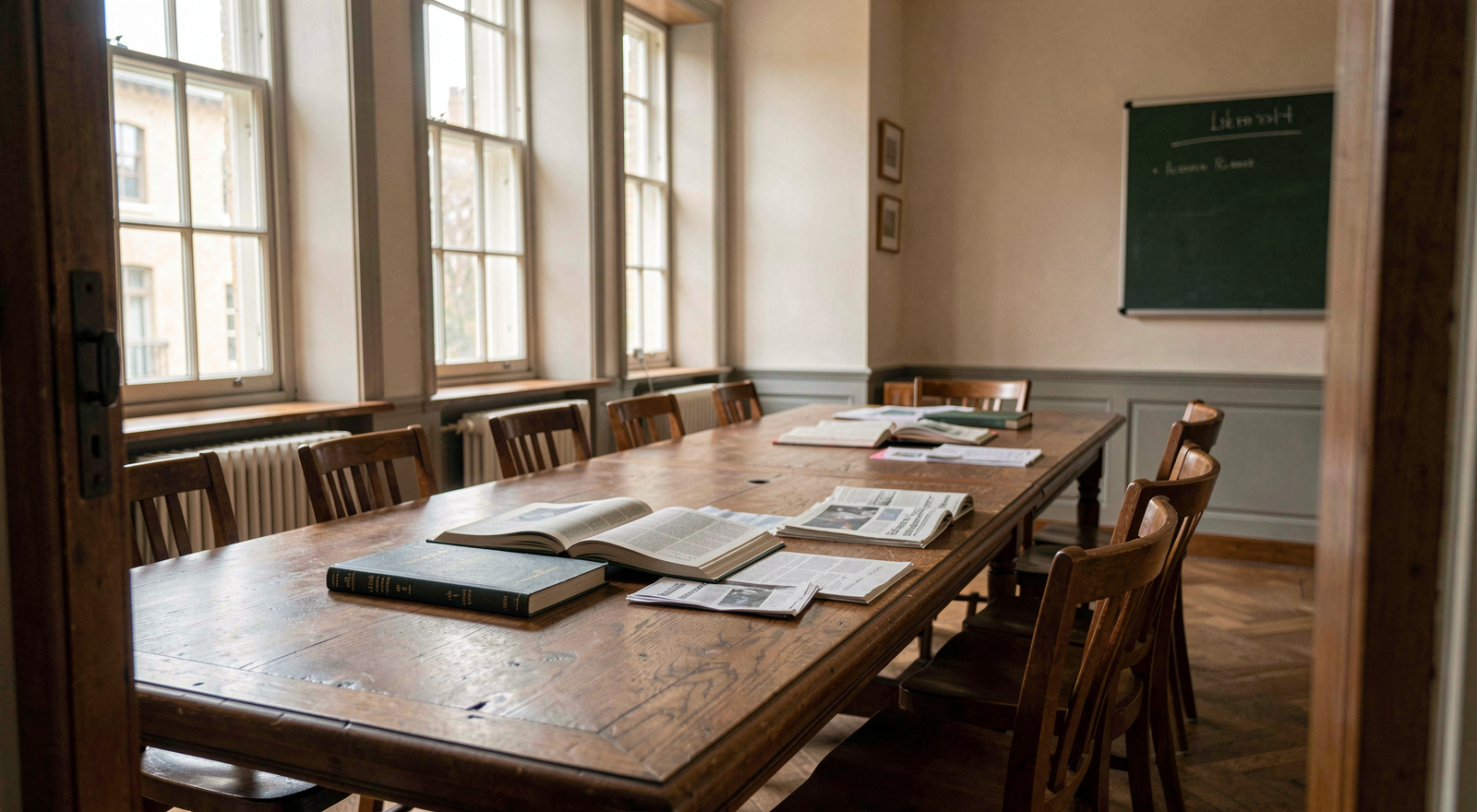 A quiet reading room with a long wooden table, open reference books on international law and a folded newspaper, soft morning light through tall windows, wide shot from the doorway.