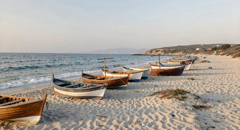 The Gaza coastline with small fishing boats pulled up on the sand, a hazy Mediterranean horizon.