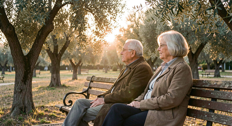 An older Israeli man and an older Palestinian woman seated together on a park bench in conversation, late light through trees.