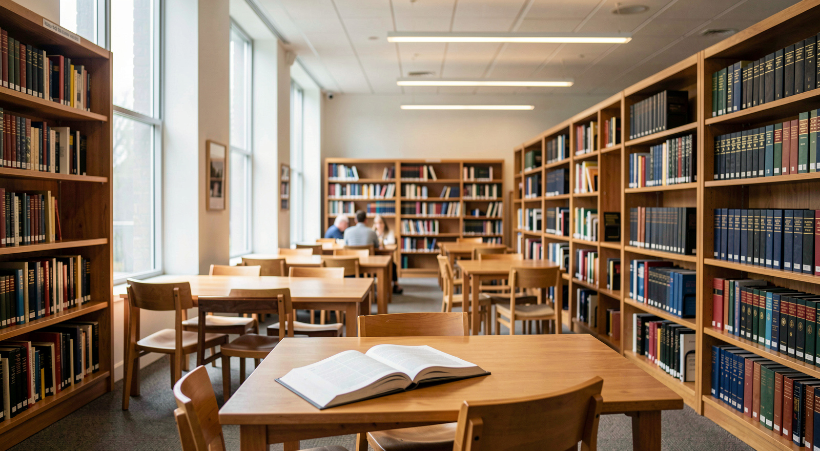 A wide shot of a modern library reading room with tall windows, wooden tables, and shelves of books on law and politics, soft daylight from the left, a single open book on a table in the foreground.